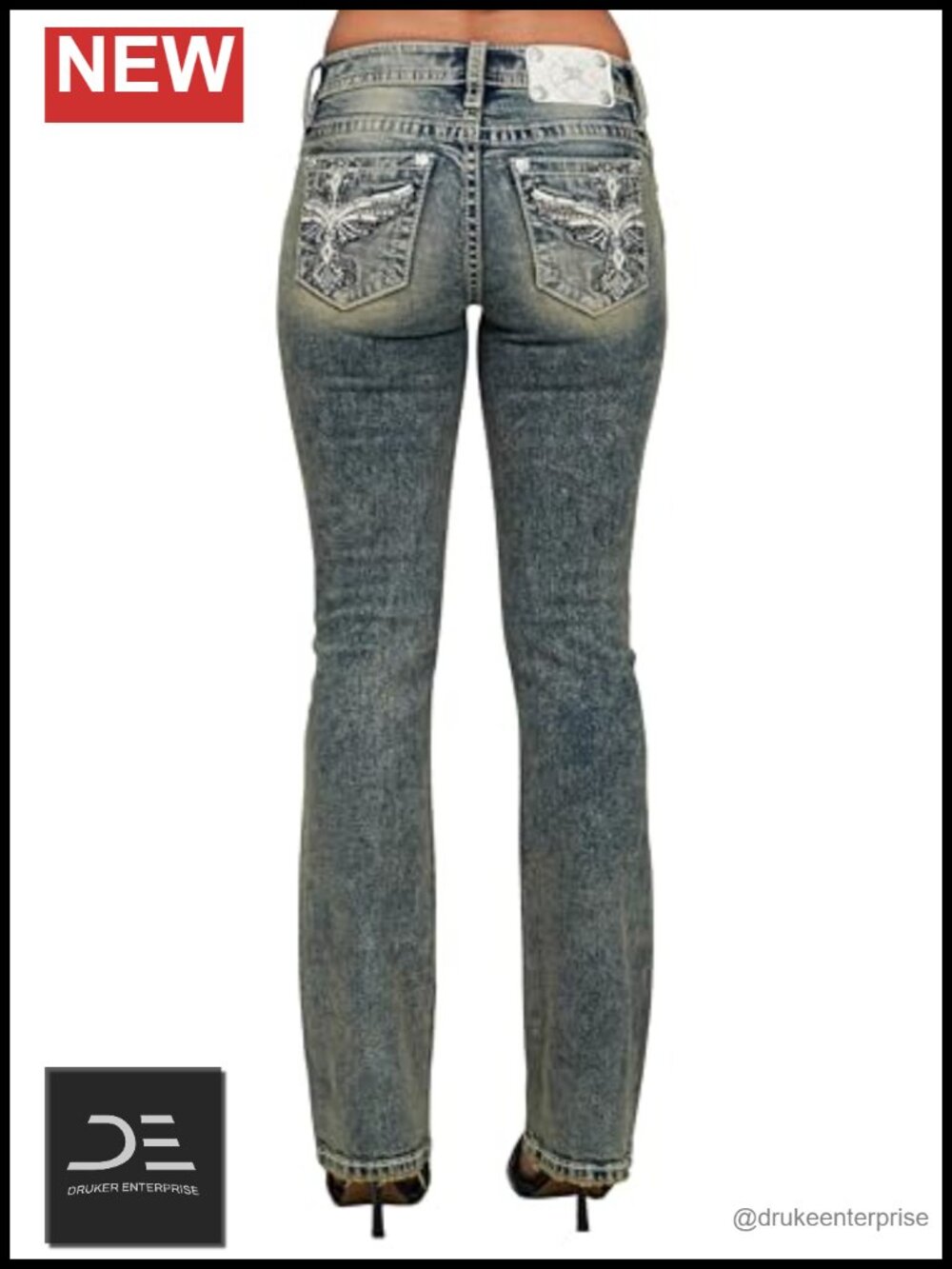 Mid-Rise Bootcut Jeans with Winged Cross Embellished Pockets